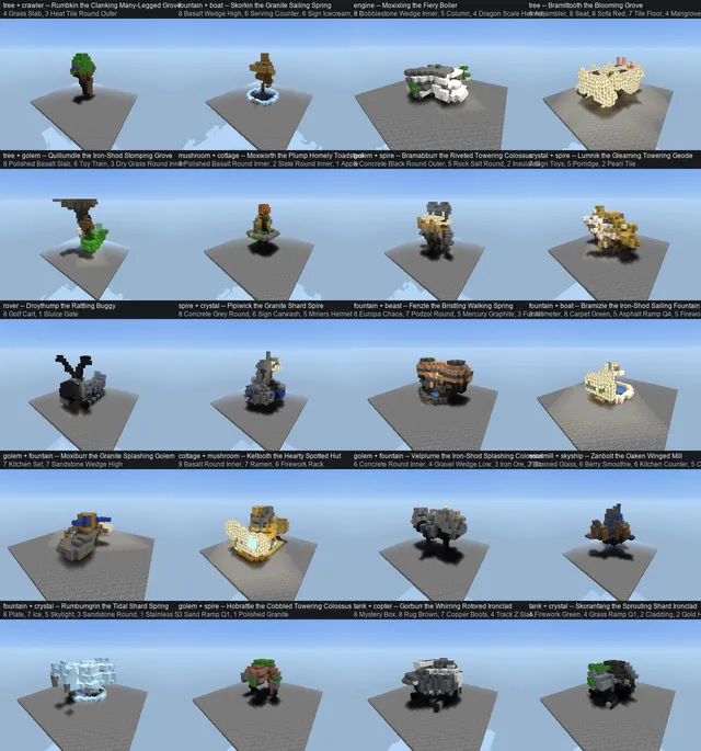Twenty random piles through the Seed Forge: plans, borrowed features, names and the piles that made them.