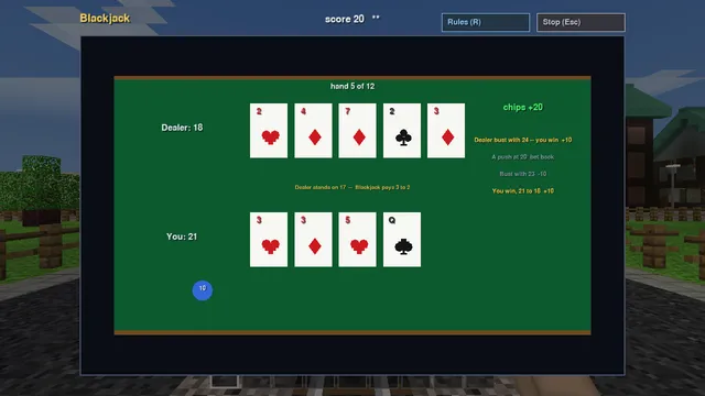 Blackjack as a casino plays it: a six-deck shoe, 10 chips a hand, 3 to 2 for a blackjack. The suits are drawn from dots and rectangles.