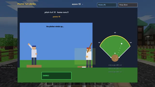 The home run derby: the pitcher, the batter, and a ballpark from above showing where each hit went.