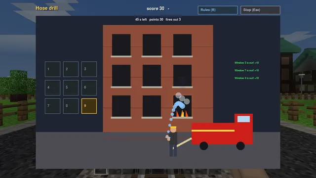 The fire station's hose drill: flames, smoke and steam where the water hits.