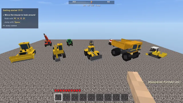 Vehicles and machines are instanced part models, posed in one numpy pass.