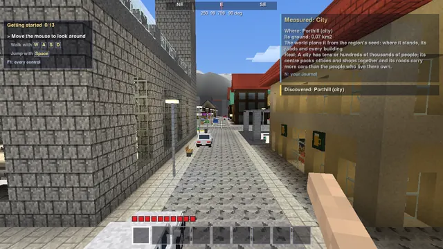 An old town's cobbled street, with shaped blocks lit like the cubes round them.