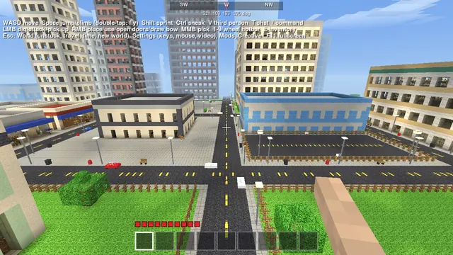A city's streets: every building a voxel program, streamed in and drawn by the one indirect call.